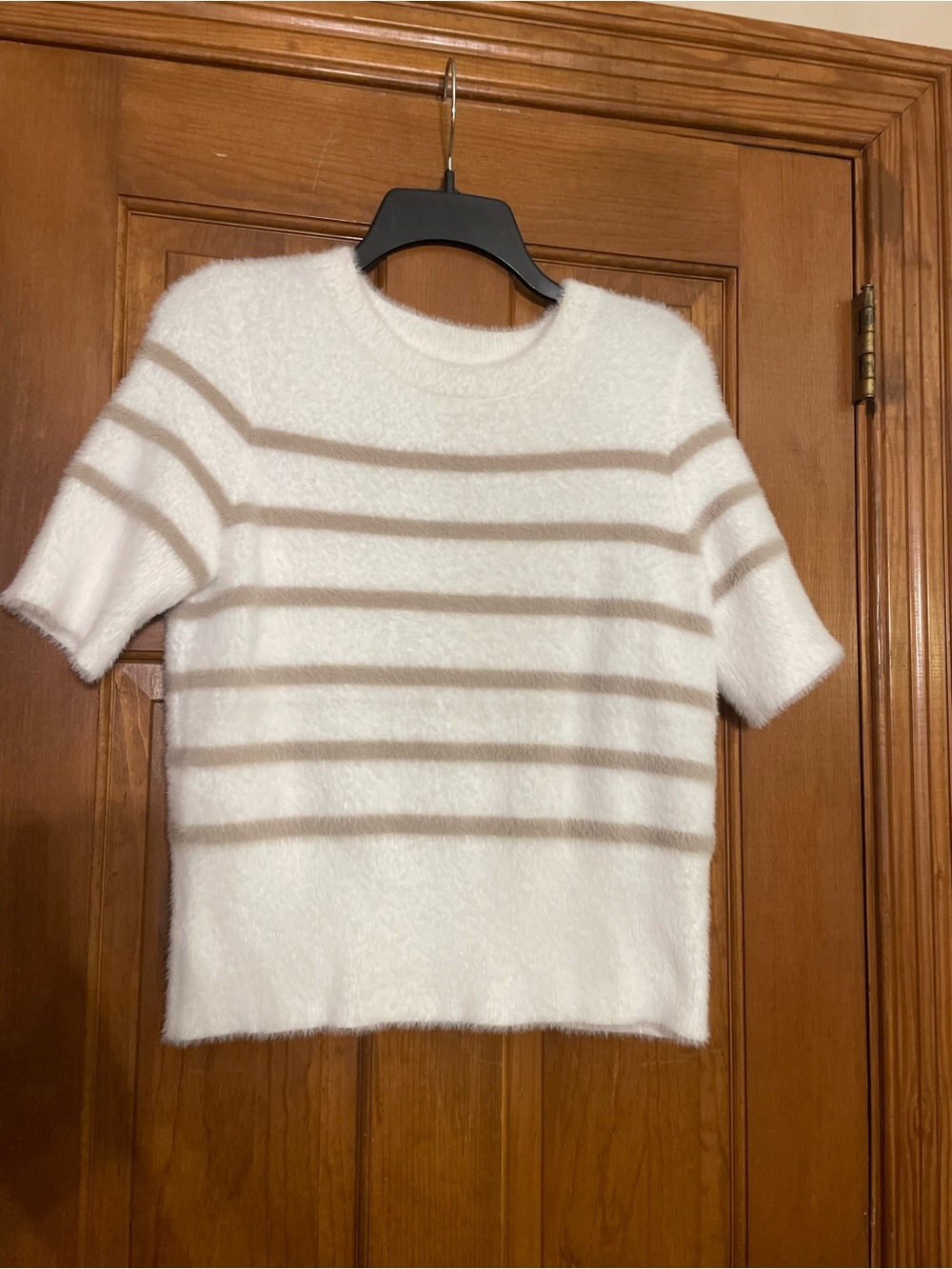 Bailey 44 Cream Fuzzy Short Sleeve Sweater, Cream/Taupe Striped, Crewneck, Sz M